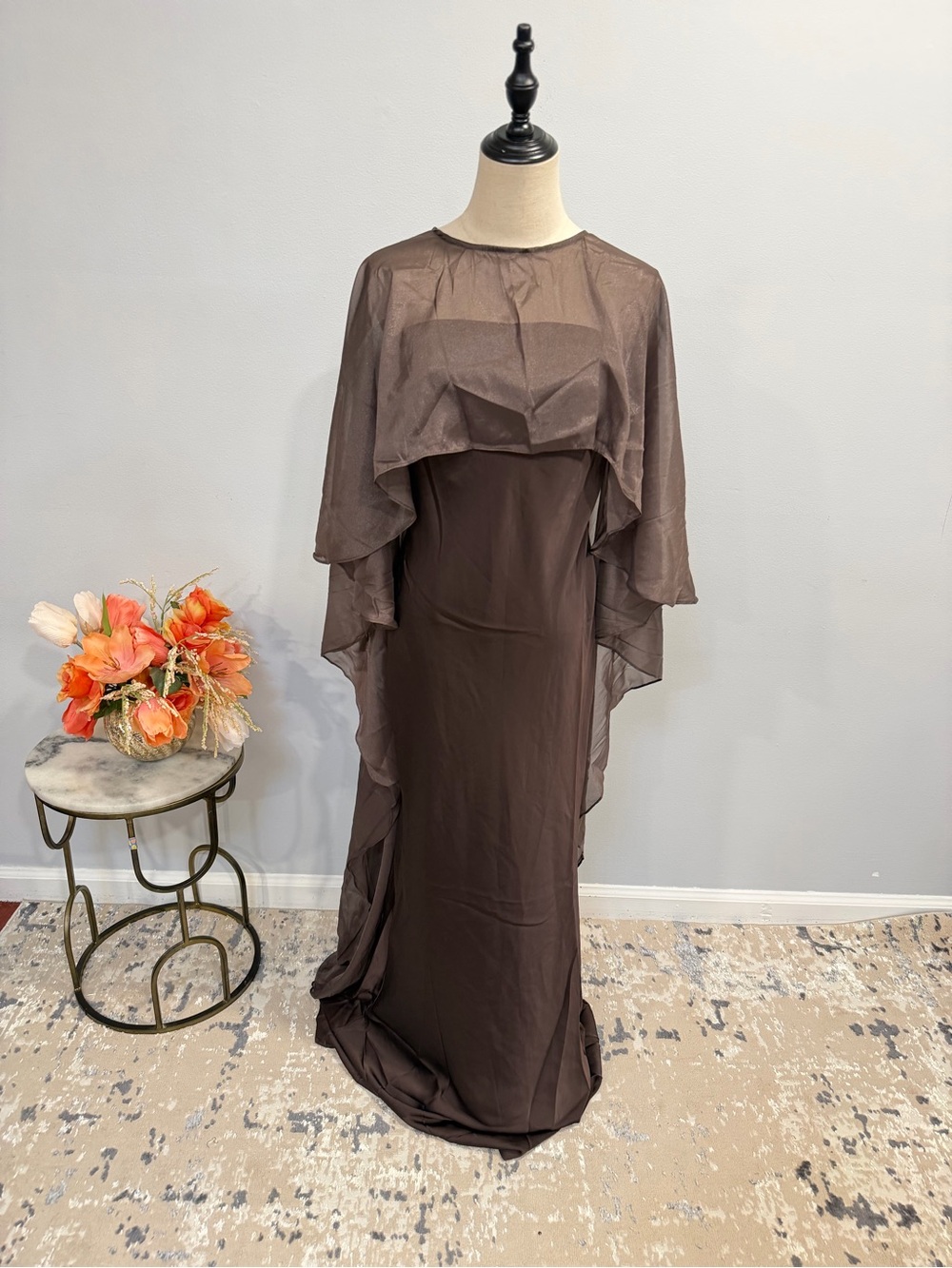 Camila Coelho Brown Elegant Strapless Formal Gown With Layered Chiffon Cape